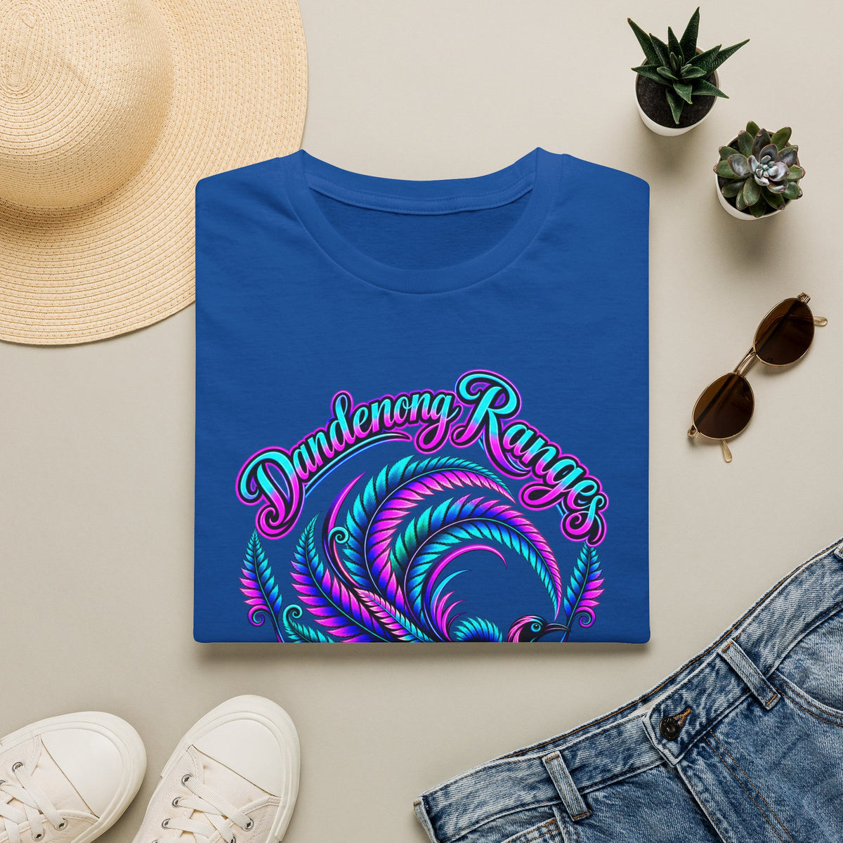 Dandenong Ranges Lyrebird in neon pink purple and aqua, Unisex Softstyle T-Shirt