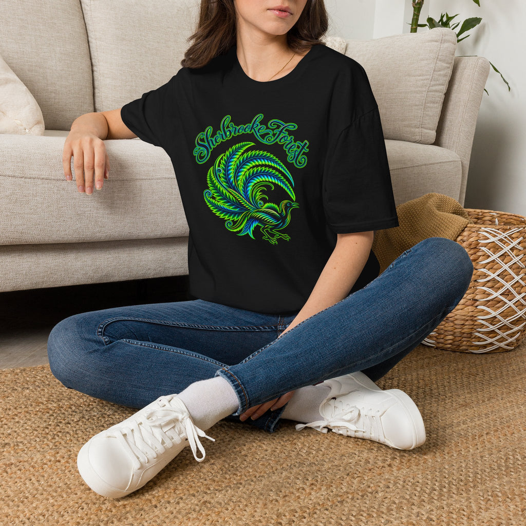 Sherbrooke Forest neon green and blue Lyrebird Unisex Softstyle T-Shirt